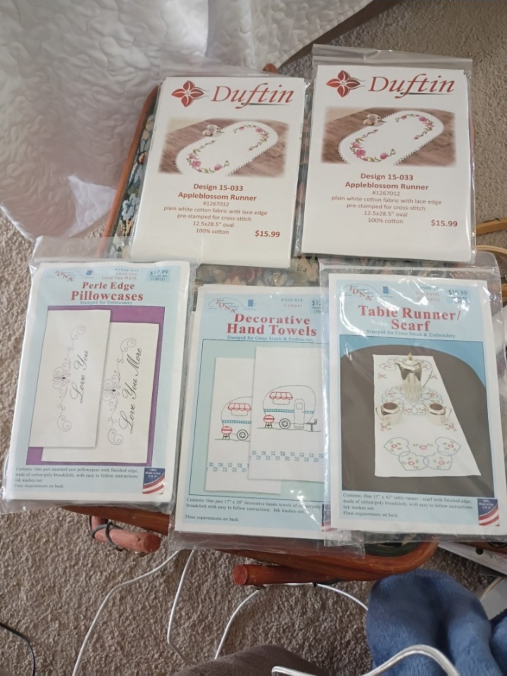 Lot of 5 Pre Stamped for Cross stitch pillow cases, Table runners & hand towels